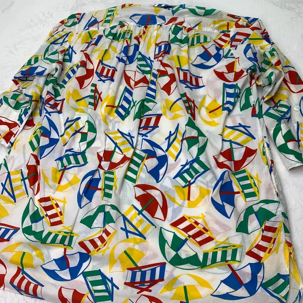 VTG Lesile Fay O/S 80s Swim Cover Up Button Up Shirt Dress Umbrella Beach Chair